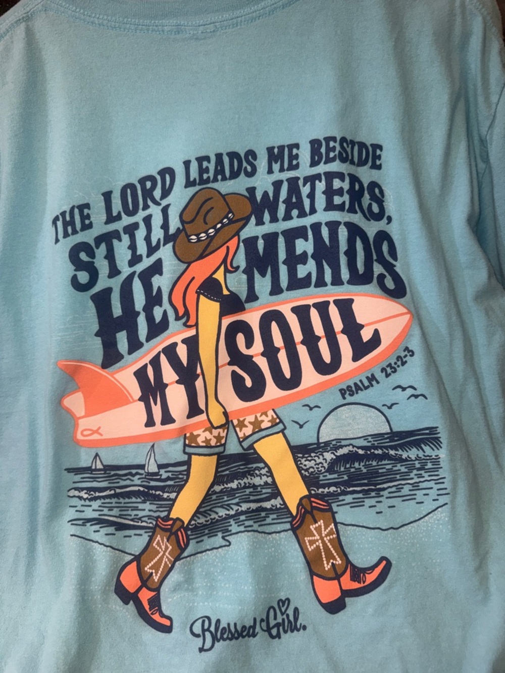 Blessed Girl Light Blue Graphic Tee - 'He Mends My Soul'